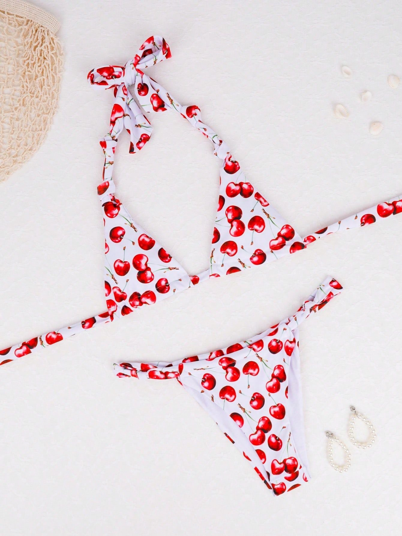 Wholesale Cherry print swimsuit double strap triangle bag swimsuit two piece set